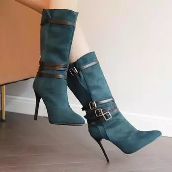 Fashion Many Buckle Design Boots Women Autumn Winter Warm Plush Mid-Calf Ankle Boots Sexy Pointed Toe High Heels Botas Mujer 35