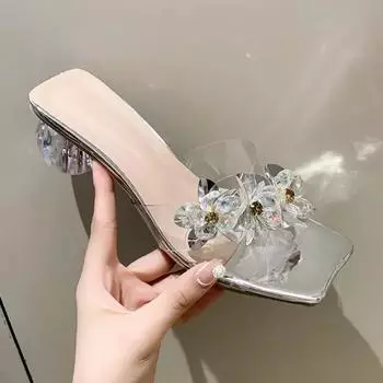 Модные босоножки Maogu Crystal, элегантные женские тапочки на среднем каблуке, летняя обувь 2024 года, босоножки с открытым носком, женские босоножки на толстом каблуке, красные, золотые, серебристые 34 серебряный