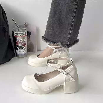 Fashion Mary Jane Shoes Women Girls Fashion Brand New Chunky Heel single shoes Retro ankle buckle party dress pumps Office women s shoes 4.5 чёрный
