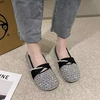 Модные туфли Мэри Джейн, женские летние туфли с неглубоким горлом, теплые, мягкие, с юбкой, со стразами, темпераментные, с плоской подошвой, удобные, 2024 35 чёрный