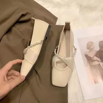 Fashion Mary Jane Women Flat Shoes 2024 Summer New Women s Shoes Pearl Ribbon Square Toe Women Work Shoes Comfortable for Work 35 хаки