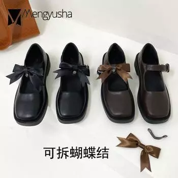 Fashion Mary Janes shoes for women 2024 butterfly-knot flats woman cutout thick heels pu leather oxfords preppy girls square toe loafers 5 чёрный