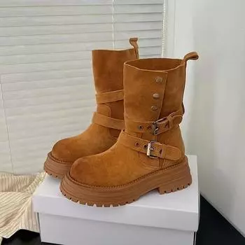 Fashion Matte Leather Thick Soled Women Boots New Autumn Collar Retro British Style Anti-skid Belt Buckle Short Boots Female Boots 35 абрикосовый