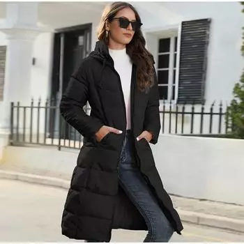 Модное стеганое пальто средней длины для женщин, повседневные толстовки с капюшоном, карманы на молнии, длинный рукав, женский пуховик 2024, зимняя женская верхняя одежда S чёрный