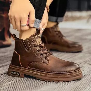 Fashion Men Ankle Boots Retro British High-top Men Boots Fashion Leather Shoes 2024 New Outdoor Men Motorcycle Boots 38 чёрный