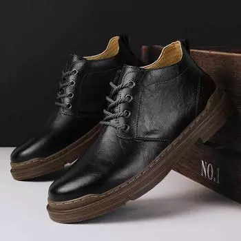 Fashion Men ankle Boots Winter High Top Leather Shoes Fashion Cotton Shoes Fashion snow Boots plush Casual Outdoor Shoes Male Sneakers 6.5 чёрный