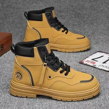 Fashion Men Boots 2024 Autumn High Top British Korean Thick Soled Platform Comfortable Non Slip Short Boots Outdoor Lace Up Cotton Boots 39 чёрный