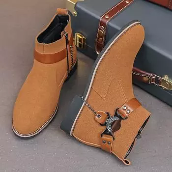 Fashion Men Boots Faux Suede Side Zipper Metal Chain Decoration Comfortable Breathable Business Casual Men Boots Large Size 38-48 38 коричневый