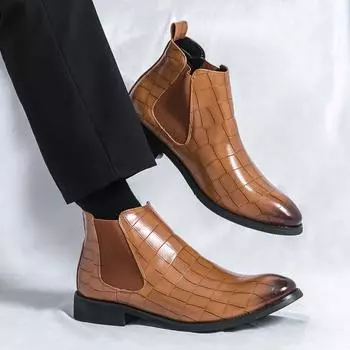 Fashion Men Casual Chelsea Boots Handmade Fashion British Style Ankle Boot Men Handmade Mens Slip on High Top Shoes All-match Basic Boot 38 чёрный