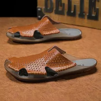 Fashion Men Casual Leather Half Drag Shoes Unisex Fashion Beach Sandals Anti Slip Soft Bottom Sandals Lightweight Summer Outdoor Shoes 38 коричневый