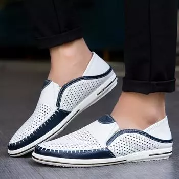 Fashion Men Casual Shoes Genuine Leather Male White Sneakers Handcrafted Brand Men Loafers Breathable Shoes 2024 38 белый
