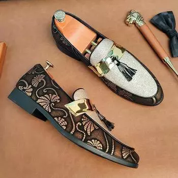 Fashion Men Dress Leather Shoes For Men New Luxury British Gold Blue National Pattern Oxfords Classic Gentleman Wedding Prom Shoes 6 золотой