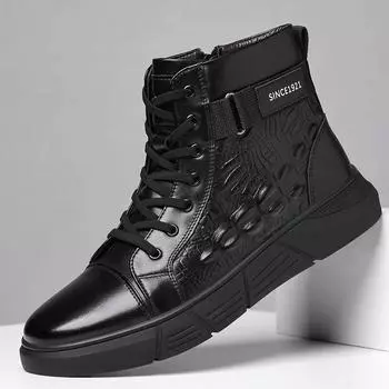Fashion Men Fashion Crocodile Pattern Flat Designer Boots Outdoor Casual Leather Ankle Boot Lace-Up Walking Shoe 2024Winter Driving Boot 39