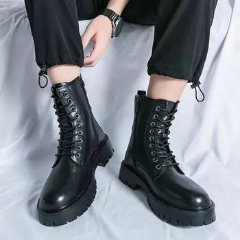 Fashion Men Genuine Leather Boots Breathable High Top Shoes Outdoor Casual Men Winter Shoes Business Dating Formal Party Round Toe Shoes 38 чёрный