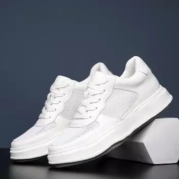 Fashion Men Genuine Leather Casual Shoe Classic Outdoor Antiskid Sneakers Versatile Comfy Thick Bottom Walking Shoe Height Increase6-8CM 38 белый