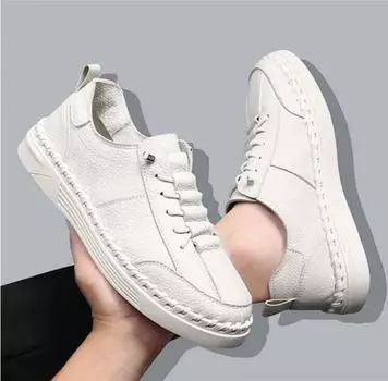 Fashion Men Genuine Leather Walking Shoes Spring Summer New Trendy All-match Platform Casual Shoes British Sneakers Mens Slip on Flats 38 белый