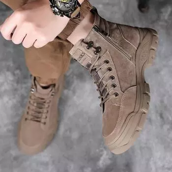 Fashion Men High Top Boots Autumn Winter Leather Casual Shoes for Men Non-Slip Outdoor British Style Platform Fashion Hiking Sneakers 38 серый