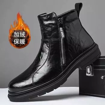 Fashion Men high top new thin breathable British wind thick bottom plus velvet motorcycle black boots bota masculinas de couro D580 38