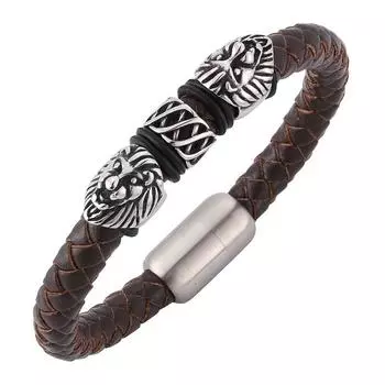 Fashion Men Jewelry Retro Leather Woven Charm Lion Bracelet Brown Round Rope Braided Bangles Male Wrist Band Gift 165mm коричневый