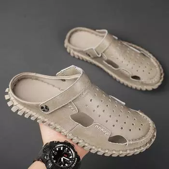 Fashion Men Leather Dual-purpose Sandals Cowhide Casual Solid Color Flat Bottomed Comfortable Breathable Non Slip Beach Sandals 38