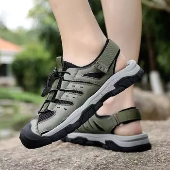 Fashion Men Leather Sandals Beach Sandals Shoes Non-slip Personality Slippers Outdoor Breathable Casual Shoes Comfortable Size 38-46 38 серый