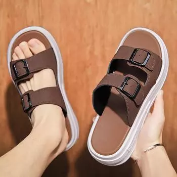 Модные мужские кожаные сандалии, летняя универсальная обувь для мальчиков, тапочки, мягкие сандалии, мужские домашние тапочки, удобная обувь для отдыха на пляже 39 чёрный