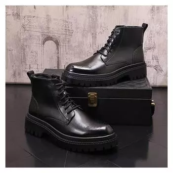 Fashion men luxury fashion party nightclub platform boots carved brogue shoes cowboy genuine leather boot autumn winter ankle botas mans 235 чёрный