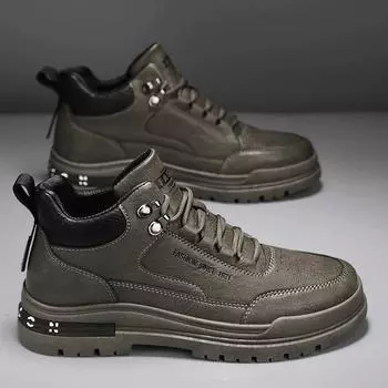 Fashion Men s Biker Boots Casual Mid Top British Tooling Shoe Keep Warm Trendy All-match Popular Motorcycle Lace-up Water Proof Boot Hot 39 хаки