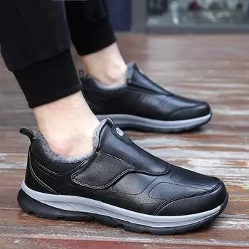 Fashion Men s Boots Plush Warm Snow Waterproof Work Loafers Casual Shoes Outdoor Warm Casual Retro Non- Slip Rubber Male Walking Soft 37 чёрный