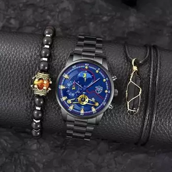 Fashion Men s Calendar Watches Luxury Man Business Watch Mens Stainless Steel Wristwatch Bracelet Neckalce Set Date Clock чёрный