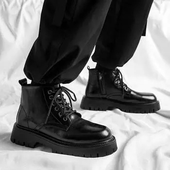 Fashion men s casual business office platform boots lace-up natural leather shoes cowboy spring autumn chunky boot black ankle botas man 240 чёрный