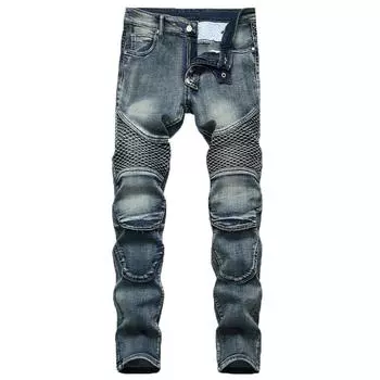 Fashion Men s Casual Stretchy Pleated Jeans Slim Fit Denim Pants S светло-синий