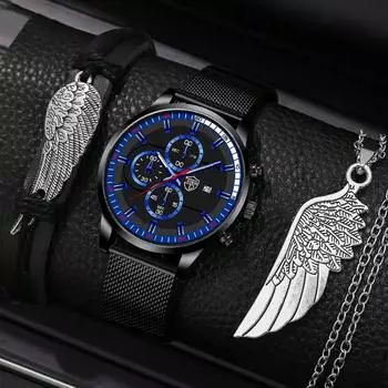 Fashion Men s Casual Watch Man Stainless Steel Mesh Band Wristwatch Mens Calendar Quartz Watches Bracelet Neckalce Set Date Clocki серебряный