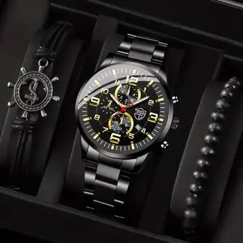 Fashion Men s Casual Watches Man Stainless Steel Calendar Watch Mens Quartz Wristwatch Bracelets Set Male Date Clock