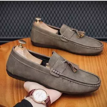 Fashion Men s Flat Shoes New Style Tassel Flat Bottom Comfort Anti Slip Single Shoes Wear-resistant Casual Round Toe Shoes 2024 39 серый