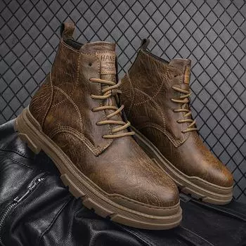 Fashion Men s Genuine Leather Boots Winter Warmth Plush Cotton Boots Lace Up Men s Work Boots Casual Short Boots Free Delivery 38 чёрный