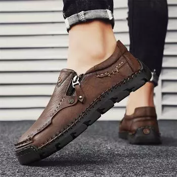 Fashion Men s handmade stitched leather shoes Comfortable anti slip flat bottom Daily office driving Outdoor casual walking men s shoes 38 коричневый