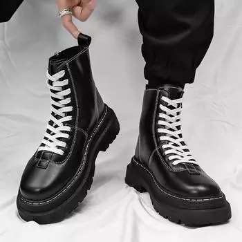 Модные мужские высокие кожаные ботинки с толстой подошвой и флисовой подкладкой 2024 года, новые мужские ботинки из дышащей нескользящей ткани 39 чёрный