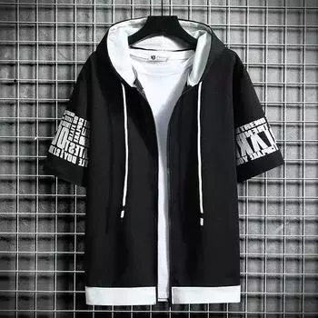 Fashion Men s Hoodies Summer Men Clothing T-shirt Zipper Hood Casual T Shirt Print Hooded Top Short Sleeve Men XXXL