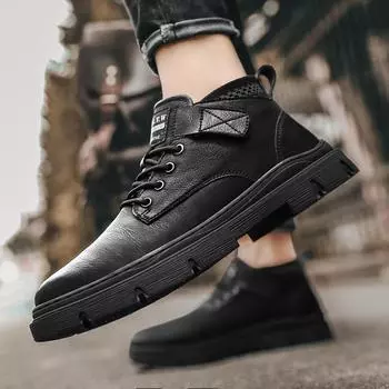 Модные мужские кожаные ботинки, новые ботинки на платформе для отдыха на открытом воздухе, мужские мотоциклетные ботинки, черные ботильоны на шнуровке, высокие повседневные туфли 39 чёрный