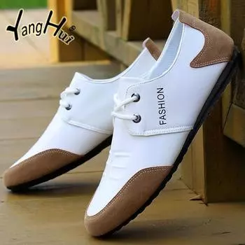 Fashion Men s Leather Casual Shoes Spring Autumn Fashion Lace Up Splicing Business Casual Non-slip Breathable Shoes for Men 2024 New 39 белый