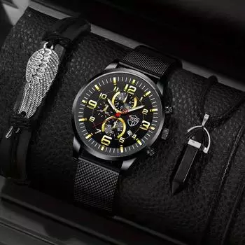 Fashion Men s Luxury Watches Business Man Mesh Band Calendar Watch Mens Quartz Wristwatch Bracelet Necklace Set Male Date Clock золотой