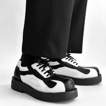 Fashion Men s round headed genuine leather shoes Fashionable black and white color blocking style Party thick soled walking office shoes 38 белый