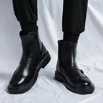 Fashion Men s round headed high top leather shoes Fashionable and versatile design styles party activities casual motorcycle men s boots 38 чёрный