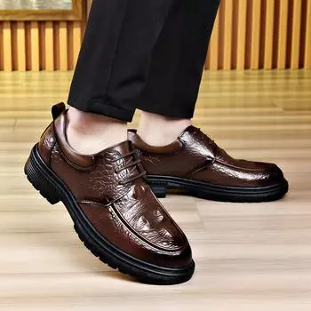 Fashion Men s round toe thick soled leather shoes Fashionable Lace up Styles Outdoor Party Leisure Business High quality walking shoes 38 коричневый