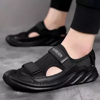 fashion Men s Sandals Summer Leather Breathable Mesh Sandals Outdoor Casual Portable Walking Shoes Non-slip Comfortable Black Beach Shoe 38 синий