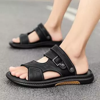 Модные мужские сандалии оптом, летние, мягкая подошва, нескользящая пляжная обувь, мужские большие новые черные шлепанцы, повседневная верхняя одежда, сандалии 38 чёрный
