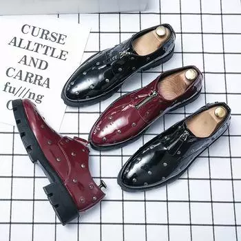 Fashion Men s Shoes Fashion High-end Solid Color PU Rivet Decoration Front Zipper Thick Bottom Non-slip Comfortable Casual Shoes899 38 чёрный