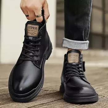 Fashion Men s Shoes Handmade Men Boots Genuine Leather Male Booties Outdoor Vintage Boots Ankle Work Boots Men Fashion Motorcycle Boots 38 чёрный