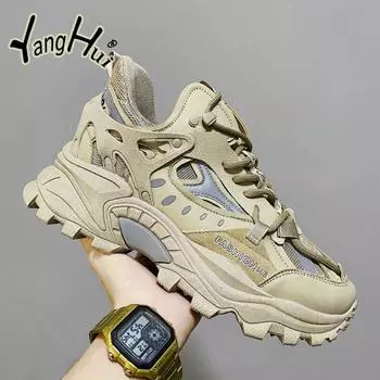 Fashion Men s Shoes Harajuku Style Mesh Breathable Casual Sneakers 2024 Fashion Khaki Increase Platform Waterproof Shoes Spring Autumn 39 серый